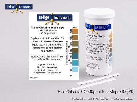 Indigo Chlorine Test Strips, 2000ppm, For Daycare, 100 strips/vial